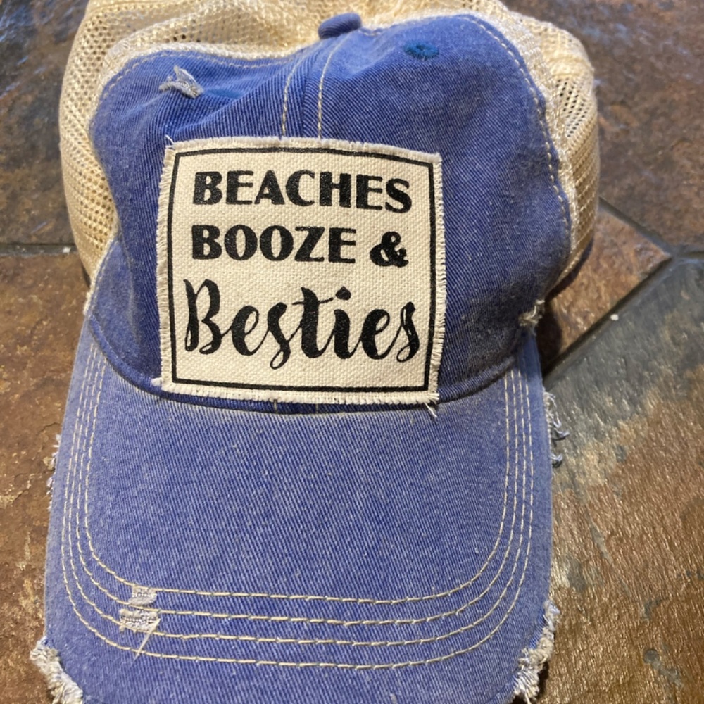 Beaches, booze and besties distressed trucker hat